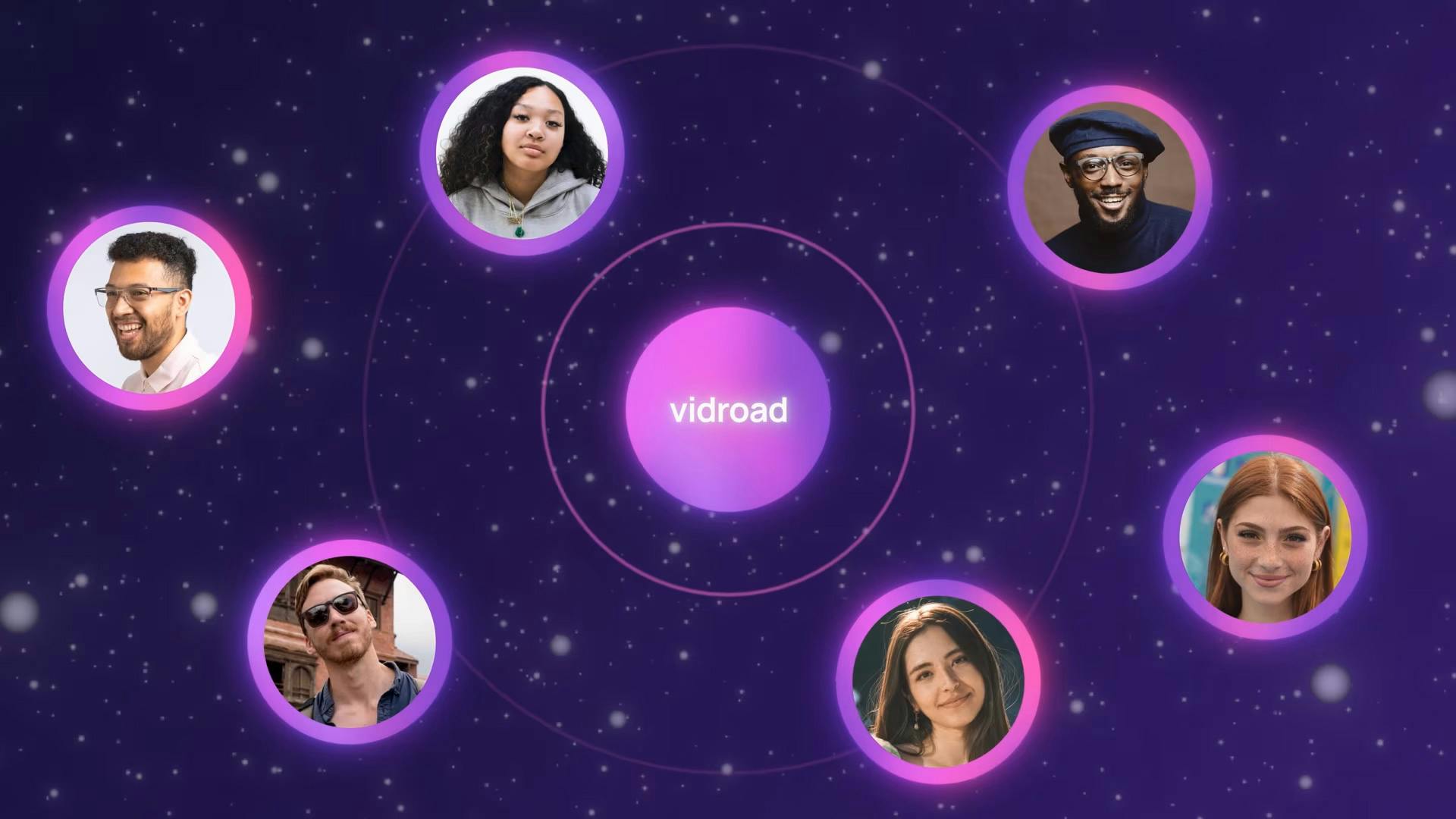 Vidroad logo floating in space with profile images floating around it